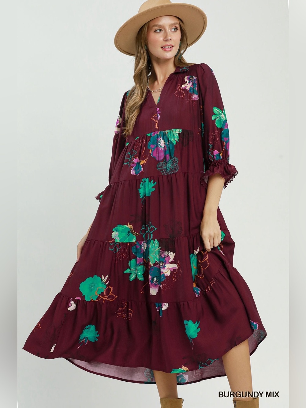 Umgee Floral Print Tiered Midi Dress with Puff Sleeves - Picture 1 of 6
